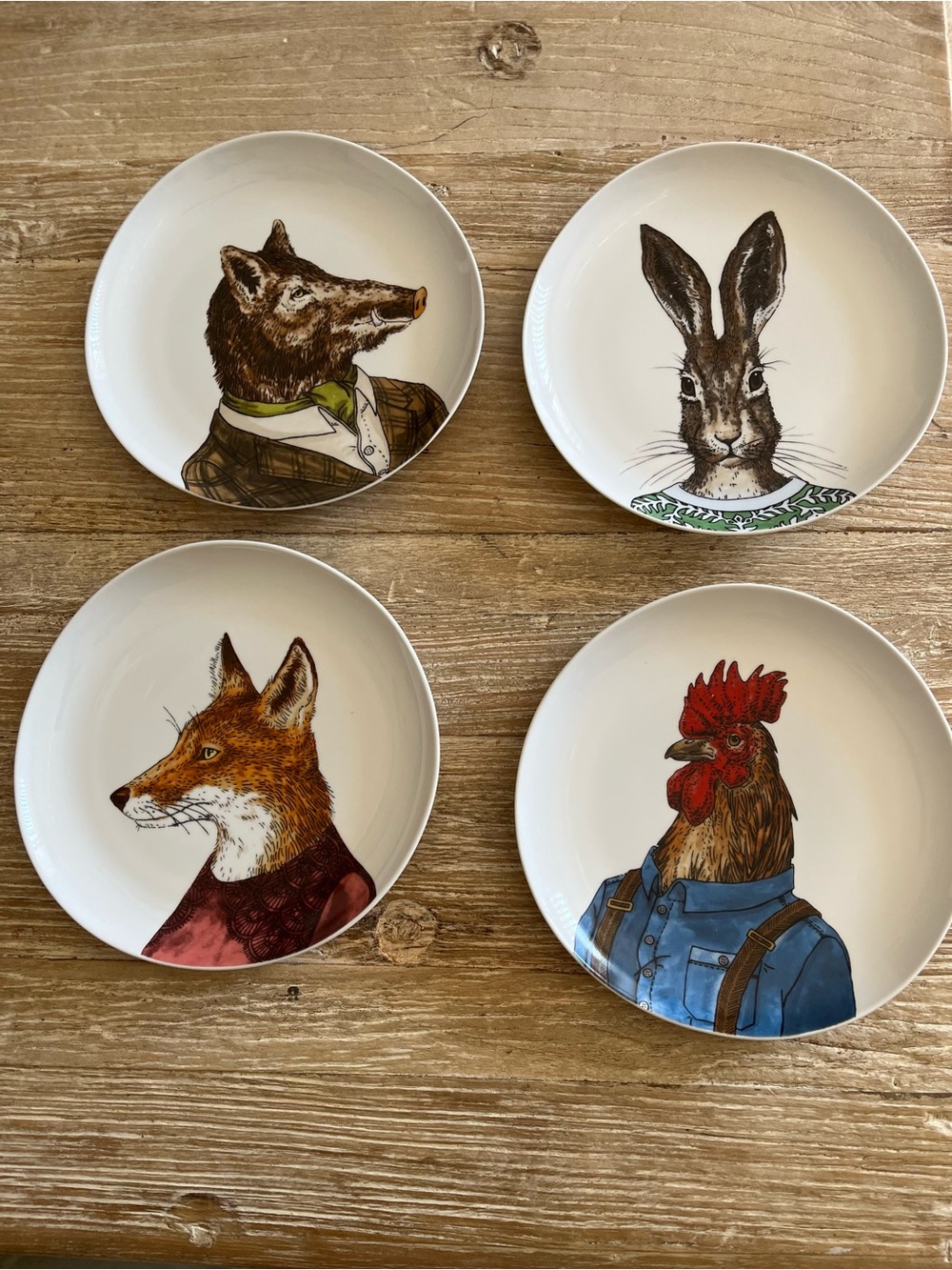 West Elm White Ceramic Animal Portrait Dessert Plates (Set of 4)